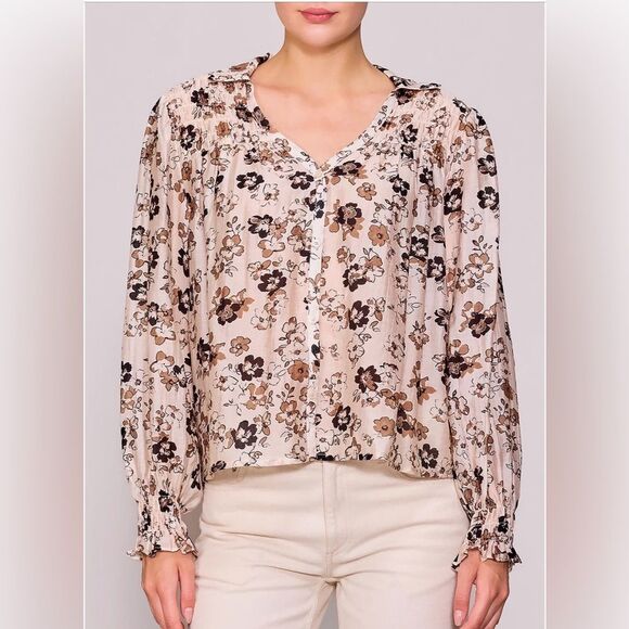 MELLODAY Tops - NWOT Melloday Floral Print Blouse Cream and Brown | Size XS